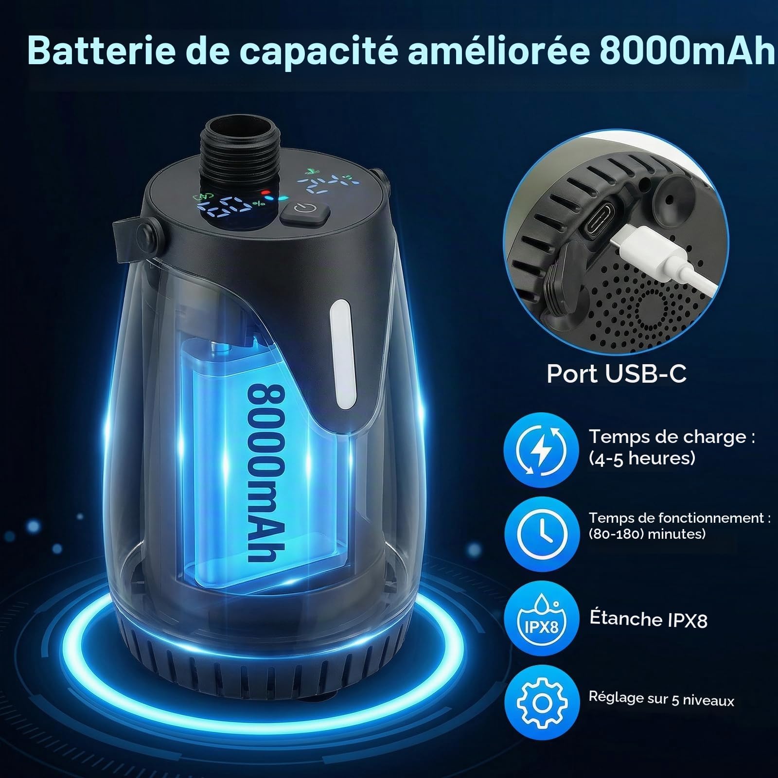 Kit de douche portable de camping avec carafe d'eau de 18 litres, pompe de douche rechargeable IPX8, étanche IPX8, 5 modes de pression, réservoir d'eau sans BPA pour le camping, la randonnée, la plage