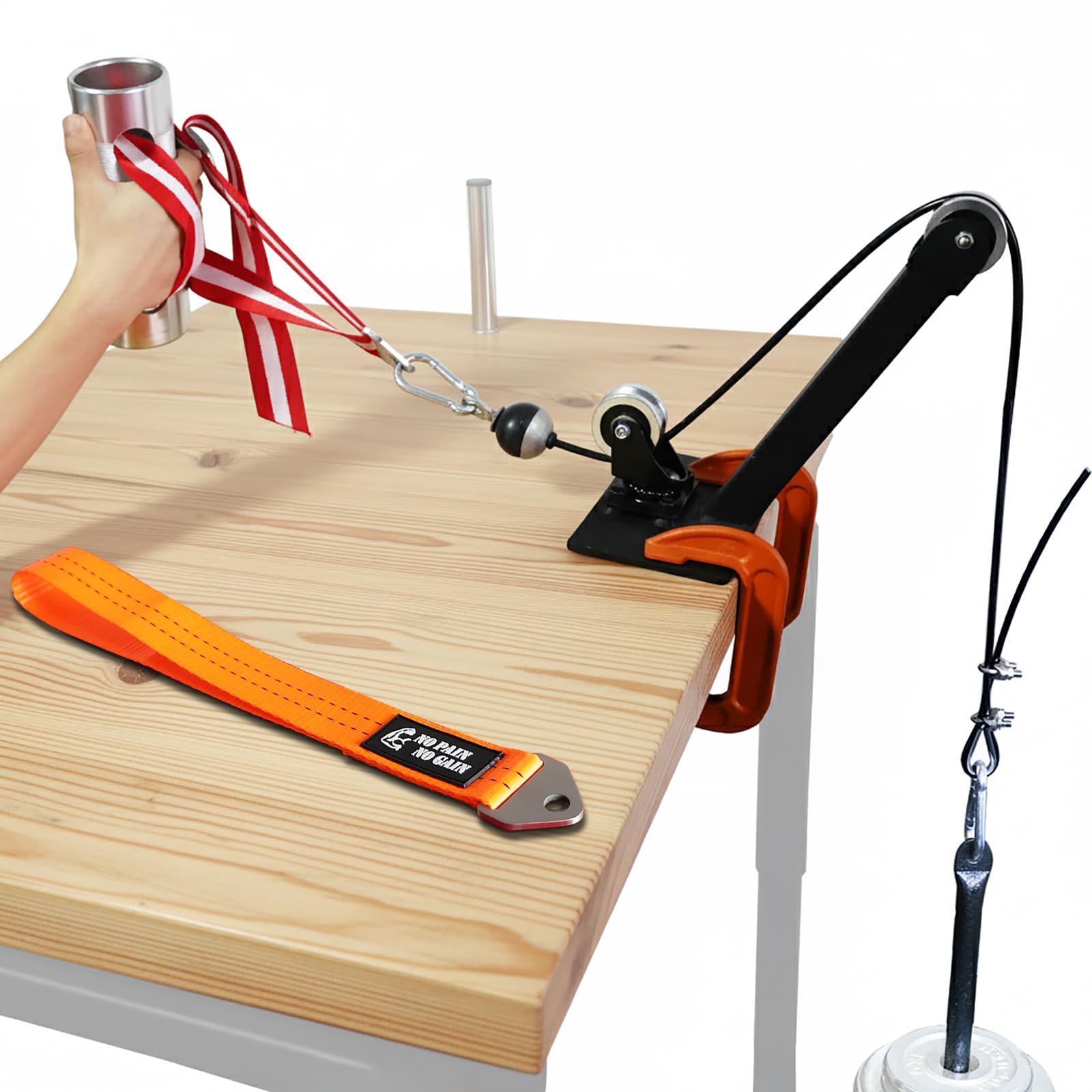 Arm Wrestling Training Kit with Dual Pulley System, 3" Handle & Adjustable Supination Strap, 1.5m Steel Cable, Loading Pin, 2 Stainless Steel Carabiners, Multi-Purpose Strength Training Set for Pros