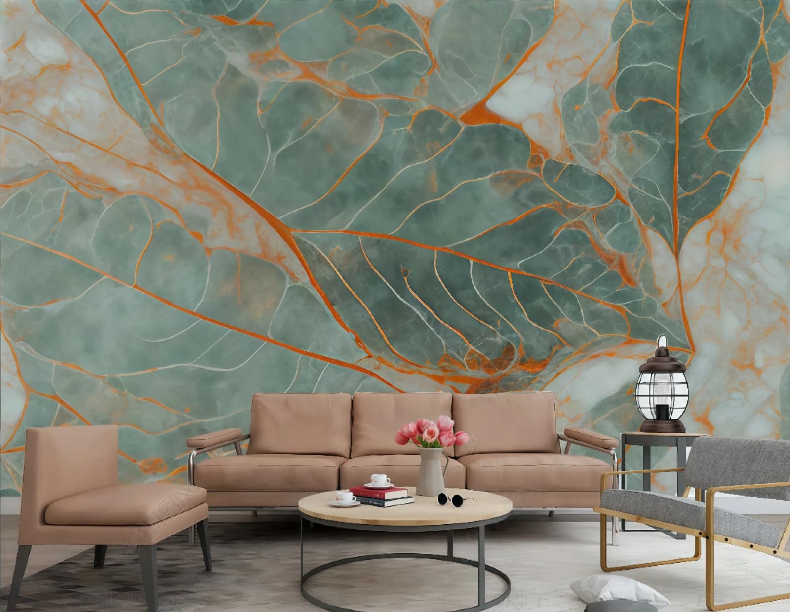 Tapeta sztuka nowoczesna pomarańczowy zielony liść wzór abstrakcyjny marmurowy wzór TV sofa tło tapeta ścienna salon restauracja kawiarnia mural, 3D, 250 x 175 cm