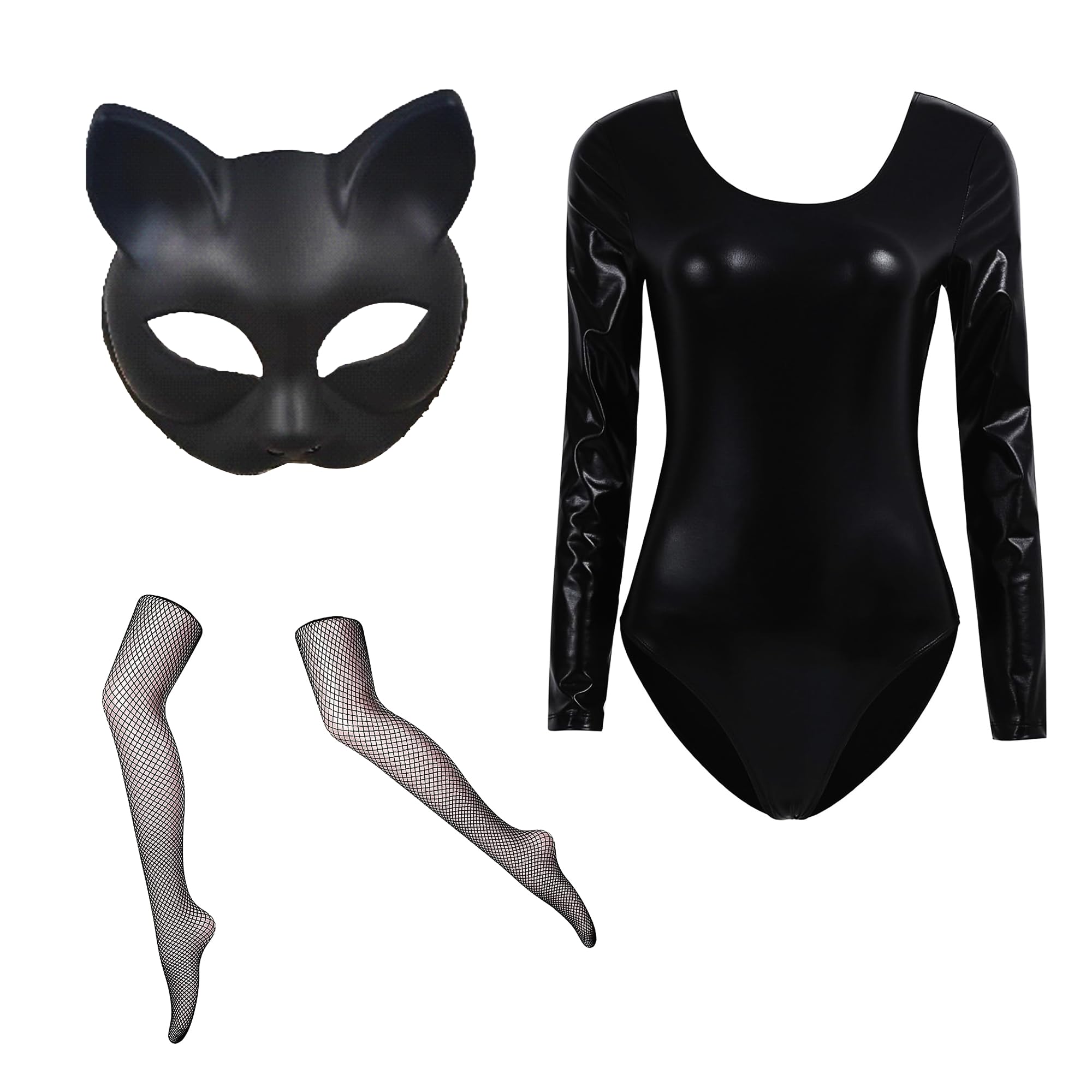 Disfraz Catwoman Mujer Sexy 3pcs, Mascara Catwoman+Body Negro Metalizado S-4XL+Medias Rejilla, Disfraz Gato Fedora Sexy Mujer Halloween, Disfraz Superhéroe Dark Knight Rises para Mujer