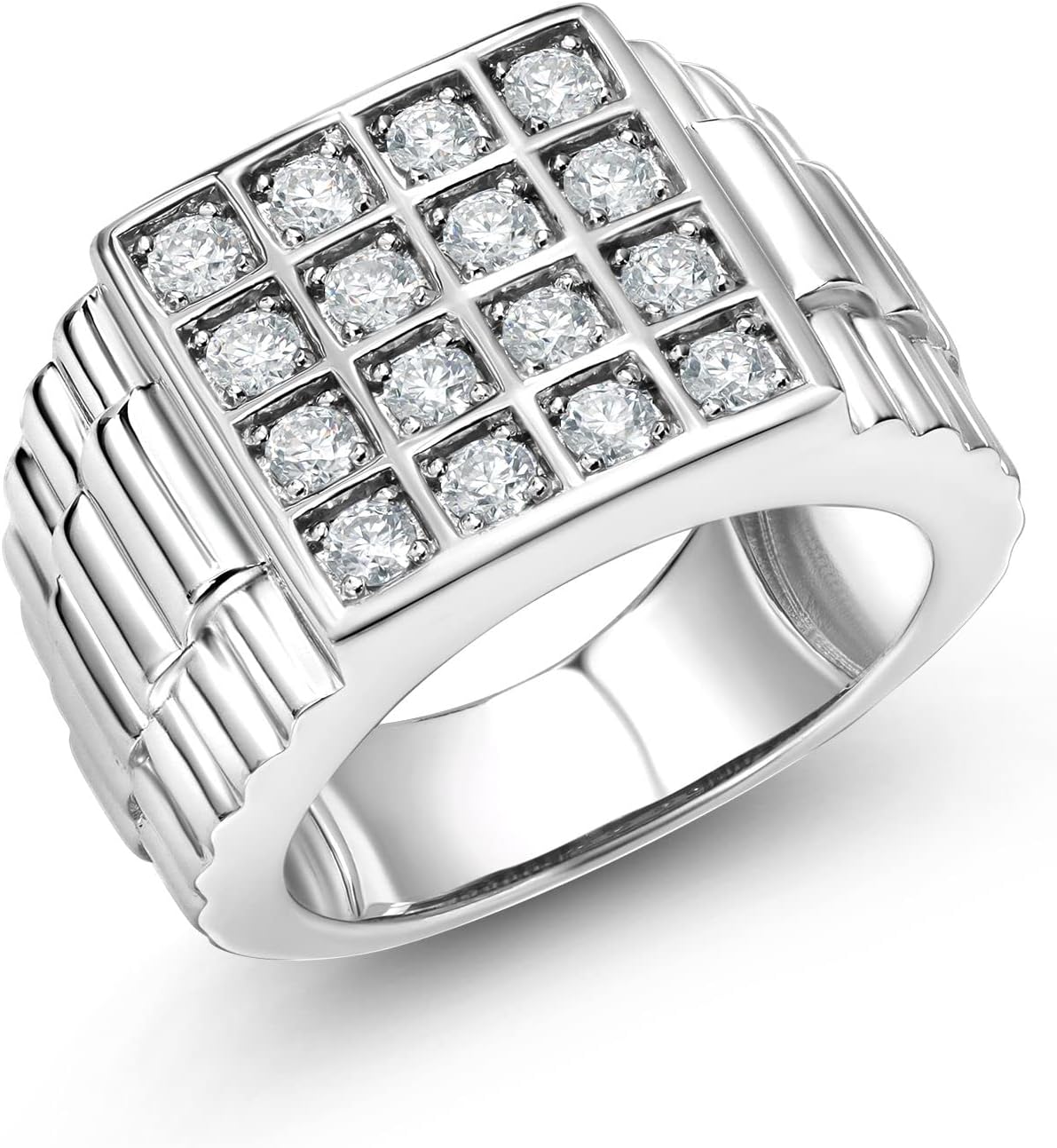 Gem Stone King White Round Moissanite Ring For Men | 925 Sterling Silver | Watch Cuban Rolex Style Square Cut Band Ring | 1.04 Cttw | Available In Size 7, 8, 9, 10, 11, 12, 13