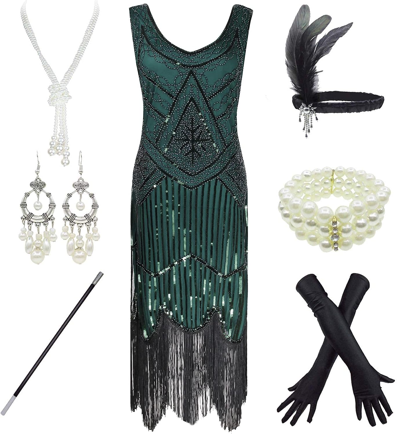 esrtyeryh Women Costume1920s Gatsby Sequin Fringed Paisley Flapper Dress with 20s Accessories Set