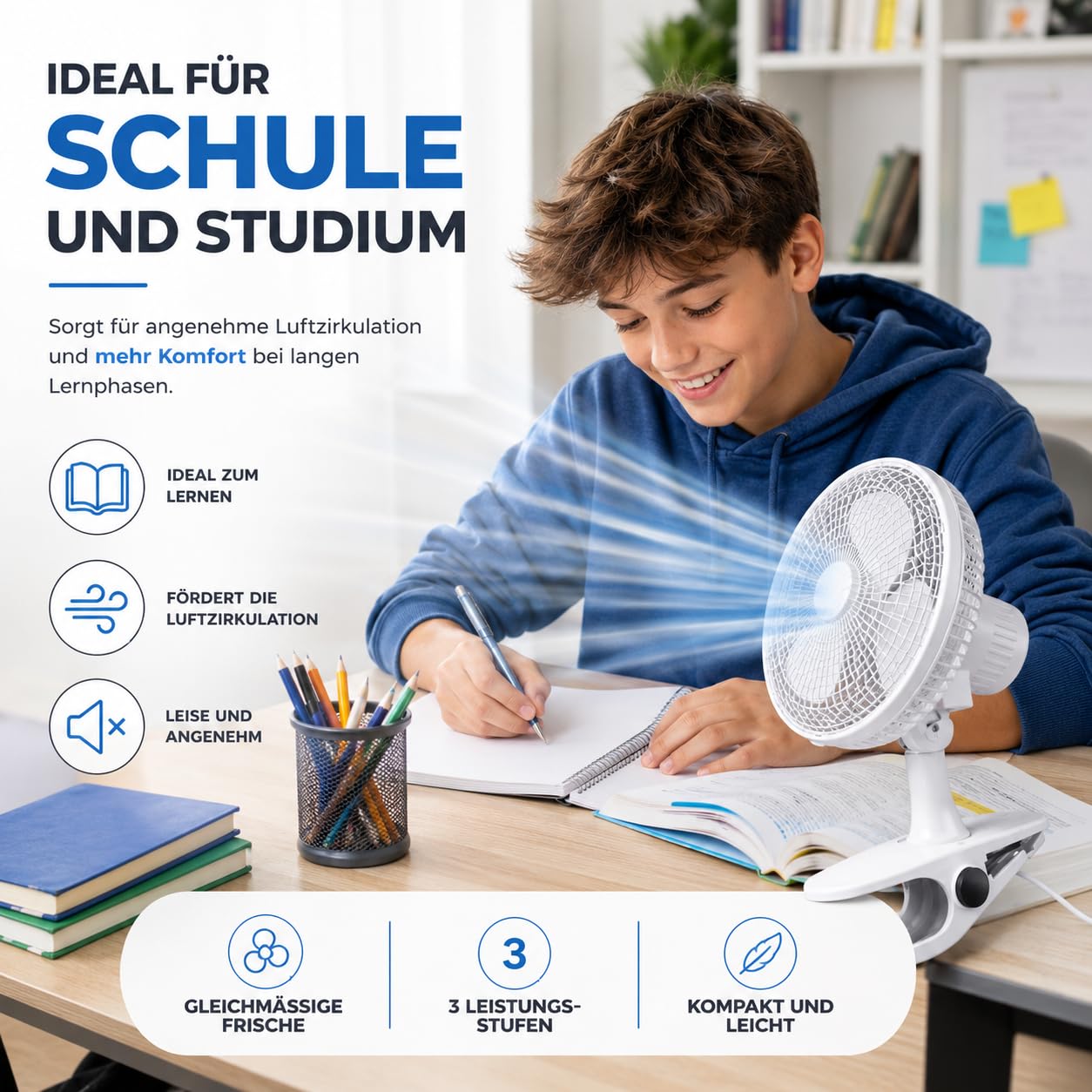 Leiser Tischventilator mit Clip & Ständer 20 cm 90° Schwenkfunktion 3 Leistungsstufen