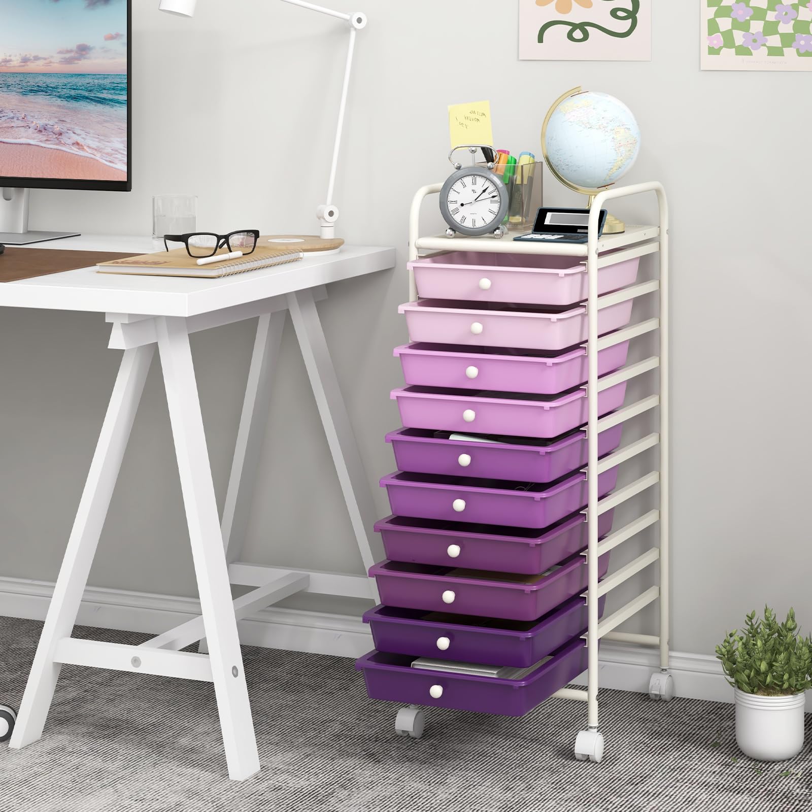 GIANTEX Chariot à roulettes avec 10 tiroirs empilables - Chariot de salle de bain avec roulettes verrouillables - Chariot de rangement - Chariot de rangement - Chariot de ménage - Structure en métal