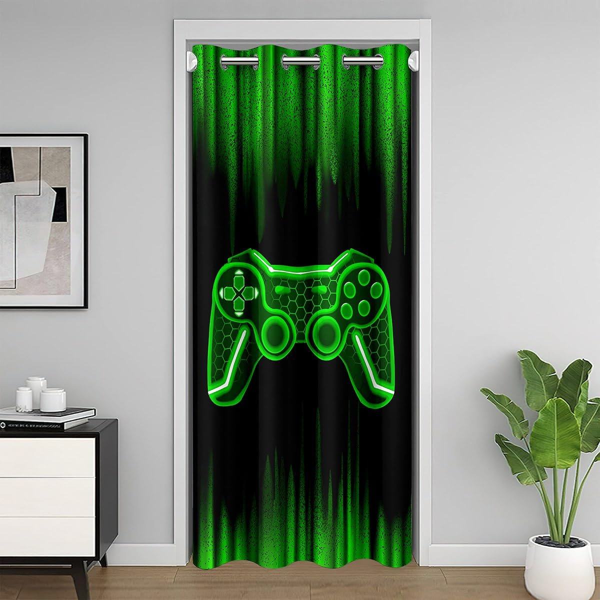 Homemissing Gamer Door Curtain for Doorway Privacy 86x203cm Kids Game Controller Room Divider Curtain Cover Green Black 30%-50% Room Darkening Blackout Curtain Gaming Window Treatments Room Decor