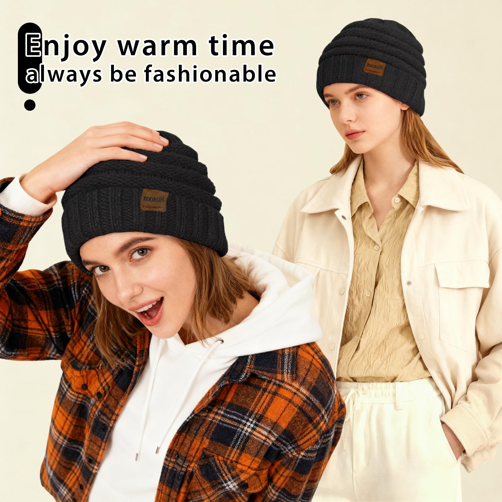 ZOORON Womens Winter Hat Slouchy Beanies for Women Cable Knit Winter Beanie Hats for Women Thick Cold Weather - Beanies Women, 1pack- Black, 7-7 3/8 3