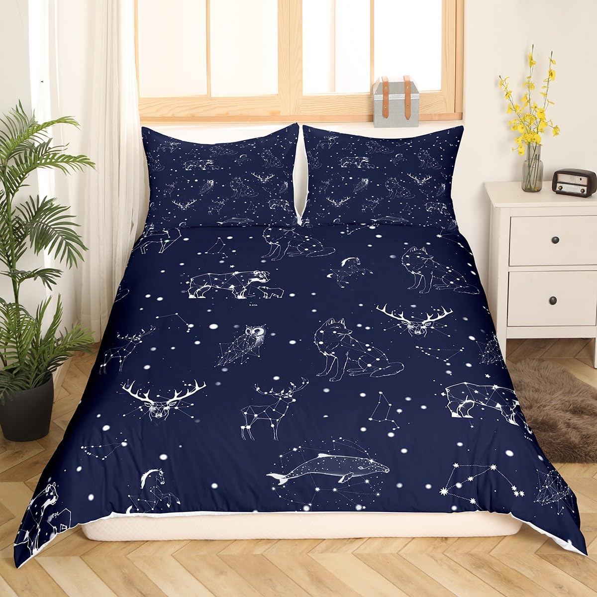 Animal Constellation Duvet Cover Set Queen Size Bohemia Starry Sky Bedding Set for Kids Girls Boys Teens Hand Drawn Wildlife Comforter Cover Dark Blue Quilt Cover,2 Pillowcases(Not Comforter)