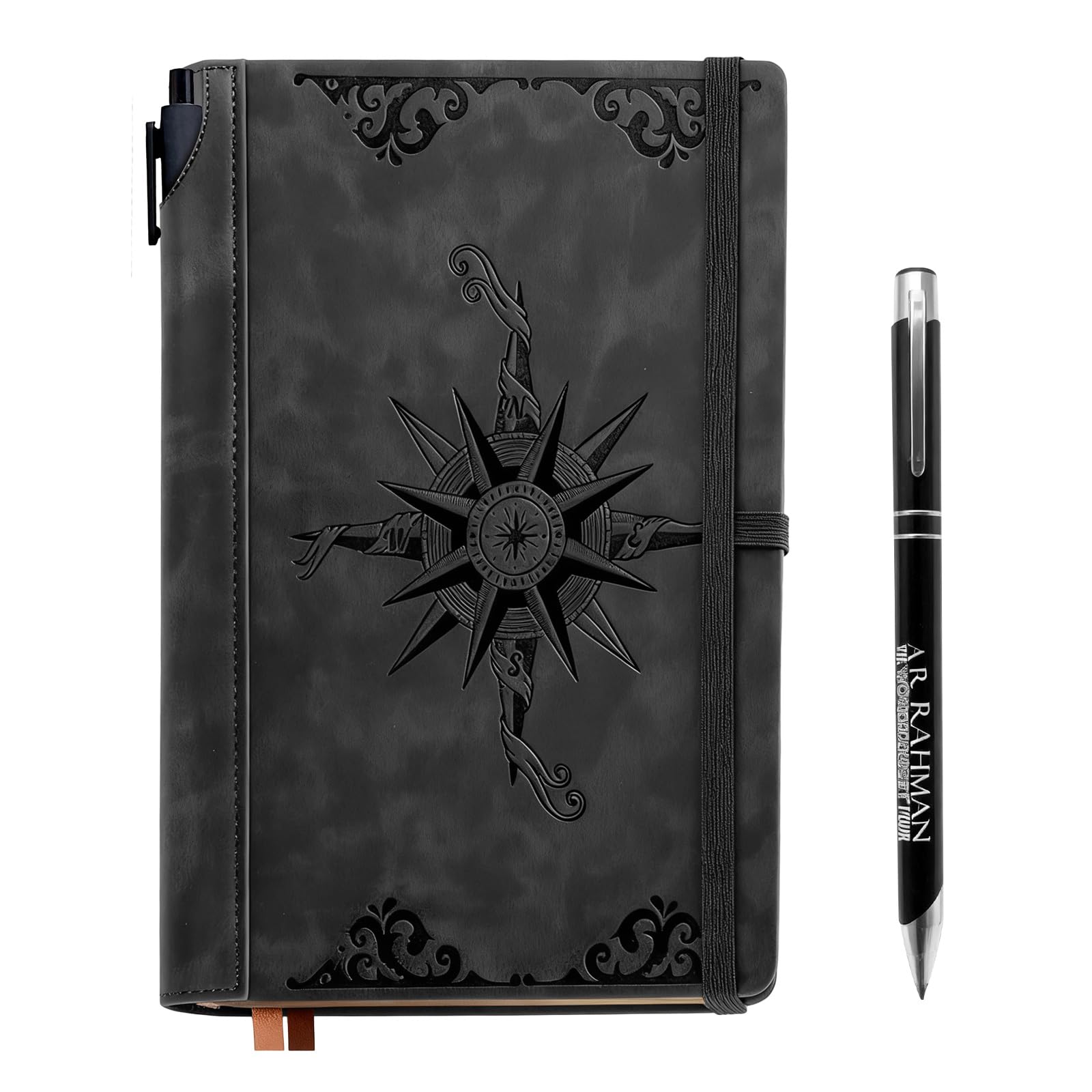 CECOMBINE A5 Leather Notebook Journal for Men, 200 Pages Lined Compass Journal for Writing, Includes Pen in a Unique Pen Holder, Leather Notebook for Travel Office Daily Writing, Black