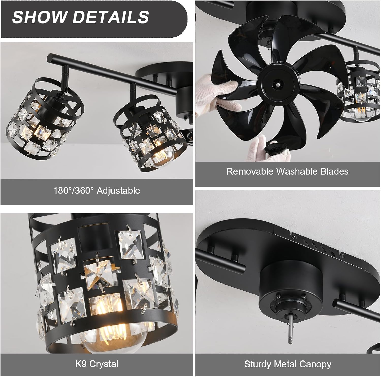 Garwarm Ceiling Fans with Lights and Remote,39.3" Kitchen Ceiling Fan,360° Rotatable Lampheads Bladeless Black Fandelier Flush Mount Ceiling Fans for Bedroom Dining Room Living Room（6 Speed, Timing） Long Shape-Black image 9 of 9 B0D89Z1KQF