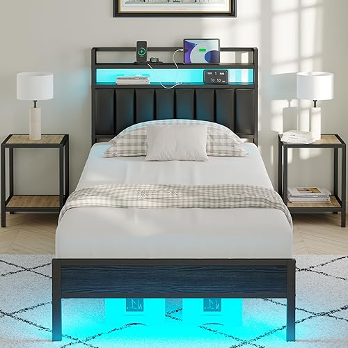 CollaredEagle Base de cama de tamaño matrimonial con cabecero, marco de cama de metal con estación de carga y luces LED, cama resistente con
