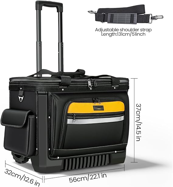Rolling Tool Bag with Wheels, 22 Inch Heavy Duty Tool Trolley, Telescopic Handle, Wide Mouth Storage Organizer for Construction, Electrician, Mechanic