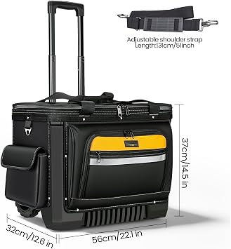 Rolling Tool Bag with Wheels, 22 Inch Heavy Duty Tool Trolley, Telescopic Handle, Wide Mouth Storage Organizer for Construction, Electrician, Mechanic