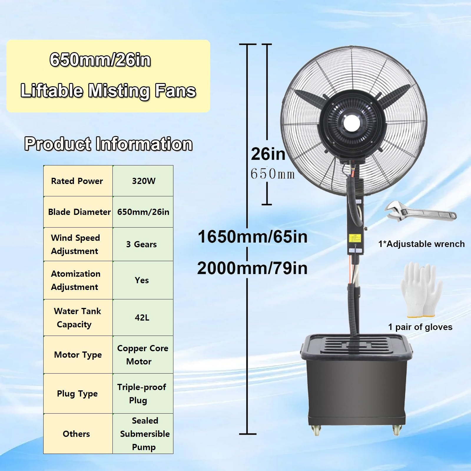 Generico Sollevabile Ventilatore con Nebulizzatore, Raffrescatore ad Acqua, 26in 30in Ventilatori a Piantana Fan Potente Industriale 90º Oscillante con Serbatoio e Ruote(320W/26in)