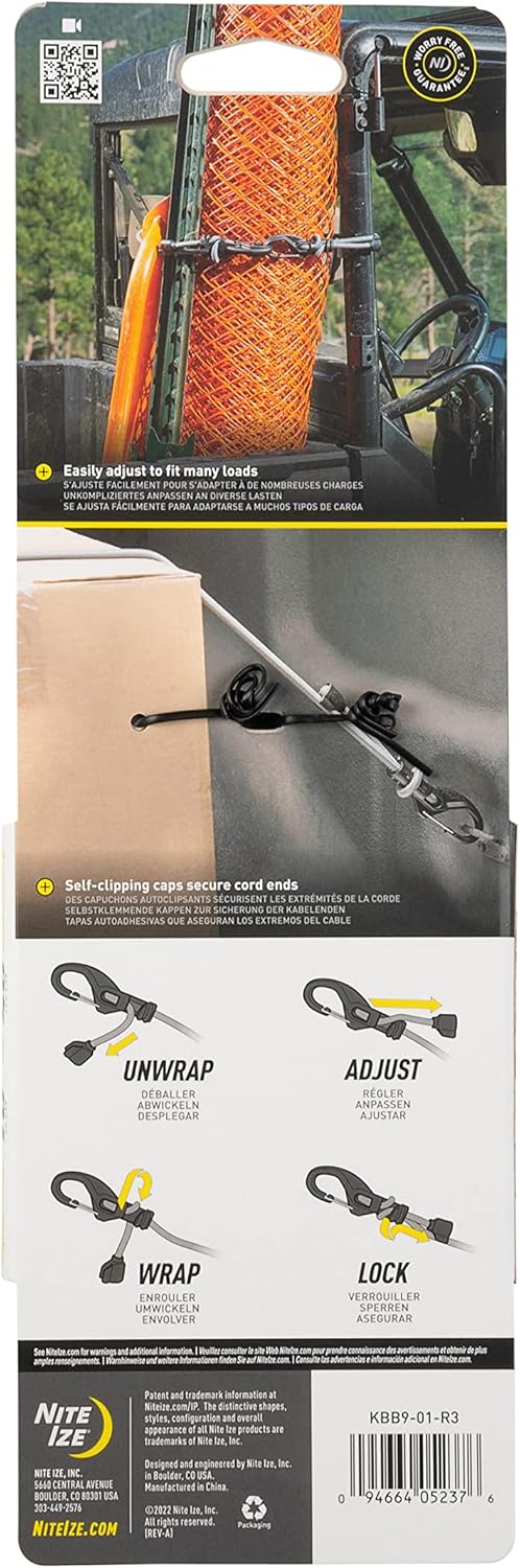 Nite IZE KnotBone Adjustable Bungee - Cord with Carabiner Clip Ends & Adjustable Length - 9mm Cord - Length of 10" to 48" - Size 9