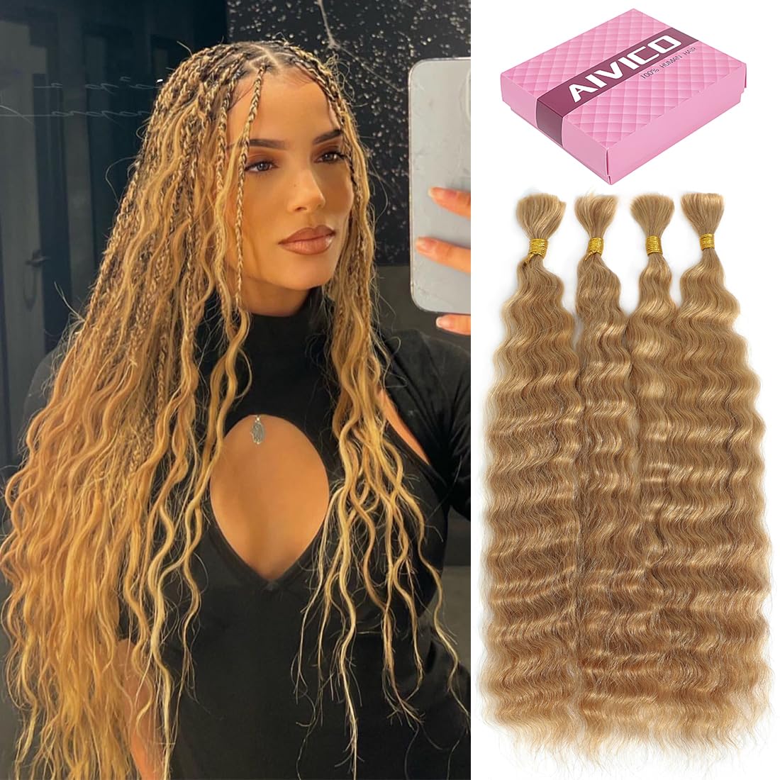 Super Wave Bulk Human Hair 100% Unprocessed Brazilian Virgin Human Hair Extensions Bundles for Braiding Hair Wet and Wave Micro Human Hair(1Pack-4PCS, 24inch #27)