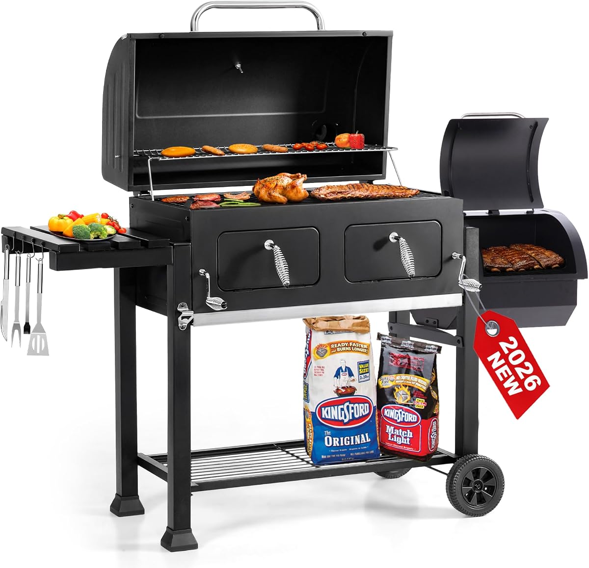 Parrilla de carbón de barril de 30 pulgadas y ahumador compensado para cocinar barbacoa al aire libre | Área de cocción de 1015 pies cuadrados, rejillas de alambre de acero esmaltado en porcelana, 2 bandejas para carbón de altura ajustable
