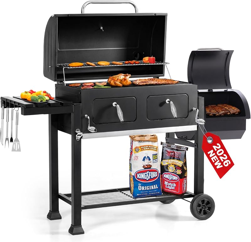 Parrilla de carbón de barril de 30 pulgadas y ahumador compensado para cocinar barbacoa al aire libre | Área de cocción de 1015 pies cuadrados, rejillas de alambre de acero esmaltado en porcelana, 2 bandejas para carbón de altura ajustable
