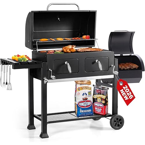 30 Inch Barrel Charcoal Grill and Offset Smoker, 1015 sq. in. Cooking Area Outdoor BBQ Grill, Perfect for Outdoor Cooking Barbecue Patio Garden Backyard Party