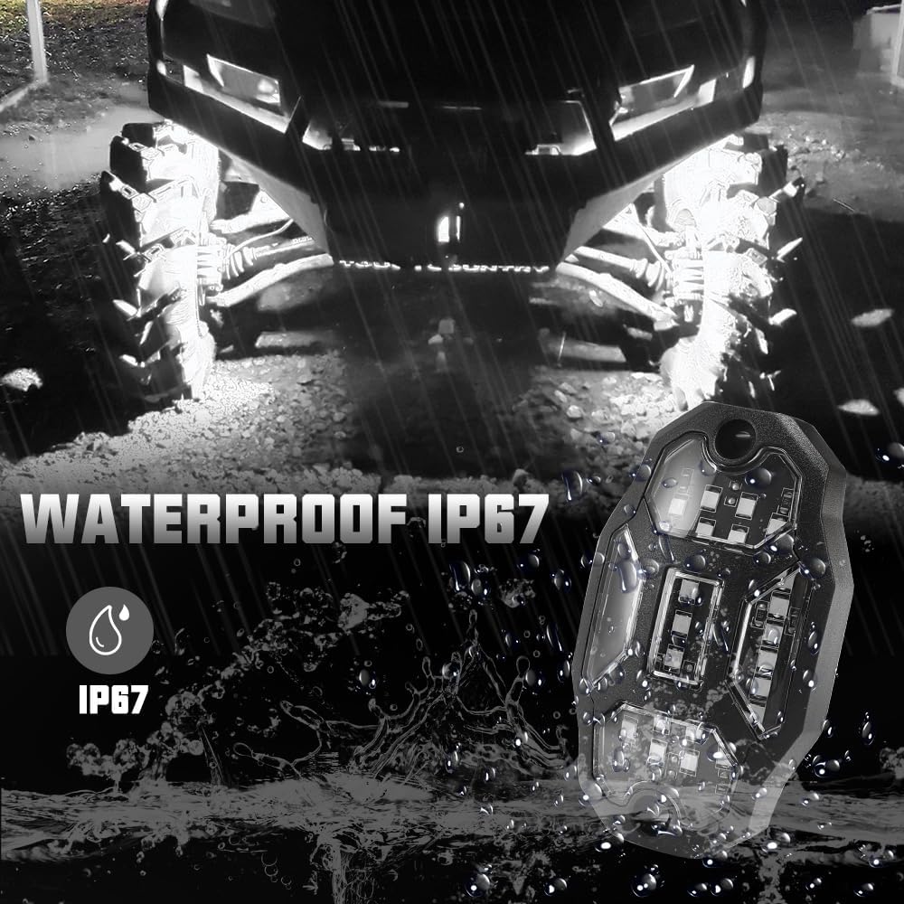 Winunite 8 Pods Quick Connect White Rock Lights, 30 Full Angle SMD Chips, 4M Extension Wires Each Light, 6000K Pure White, High Adhesive Stickers, IP67 Waterproof Fits for Trucks Trailer SUV ATV UTV