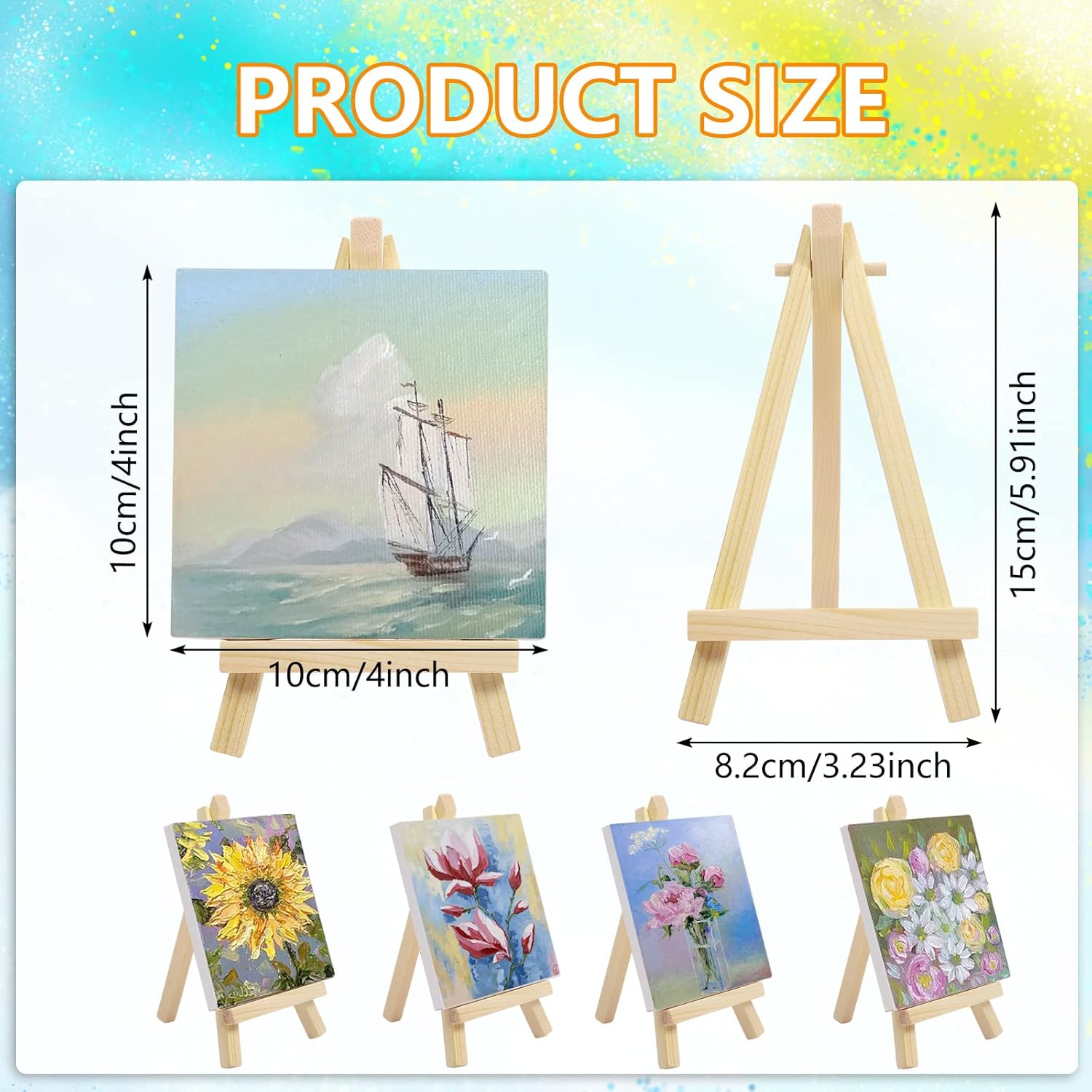 32 Pack Canvas and Easel, 4 x 4 Inch Stretched Canvases Small Painting Canvas with Mini Easel, Art Canvases for Kids Painting Party Craft Acrylic Pouring Oil Water Color
