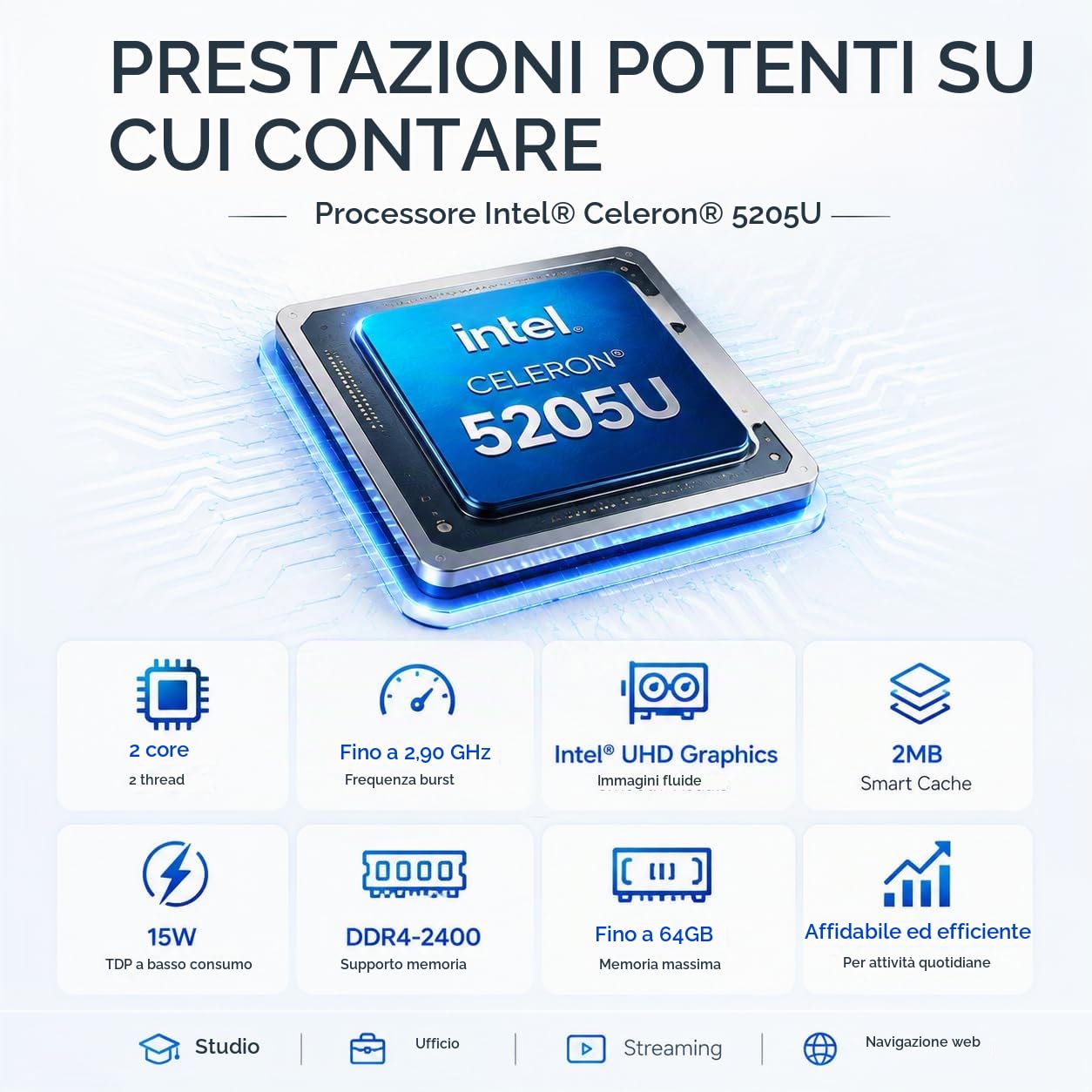 PC Portatile 15,6″ FHD IPS Celeron 5205U, 8GB DDR4, SSD 128GB, Tastiera LED