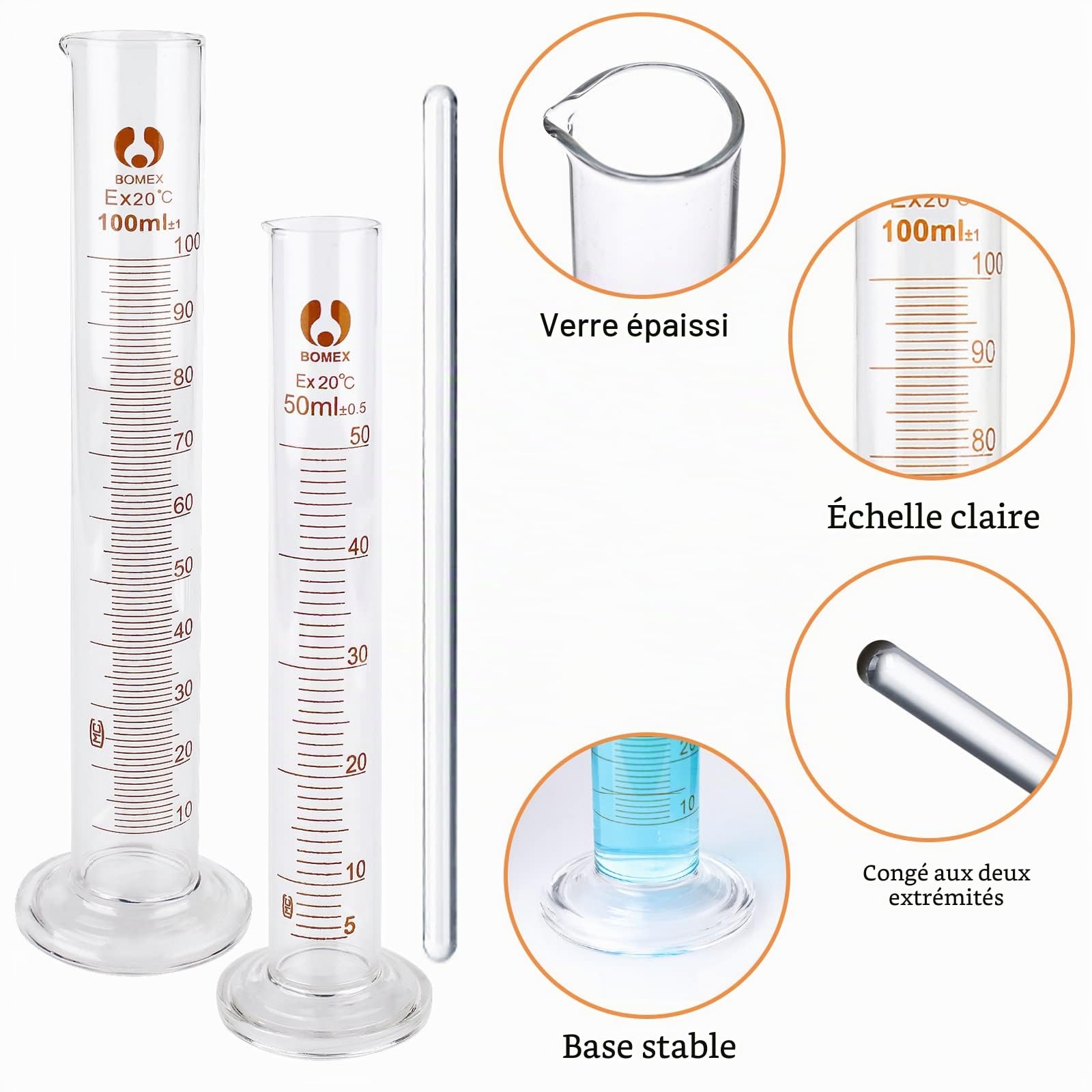 Pipettes En Verre, 4 Pièces Pipette Graduée En Verre Compte-gouttes 5ml 10ml et 2 Pièces Éprouvette Graduée 50ml 100ml avec Brosse De Nettoyage et Tige En Verre Pour Laboratoire, Médicaments, École
