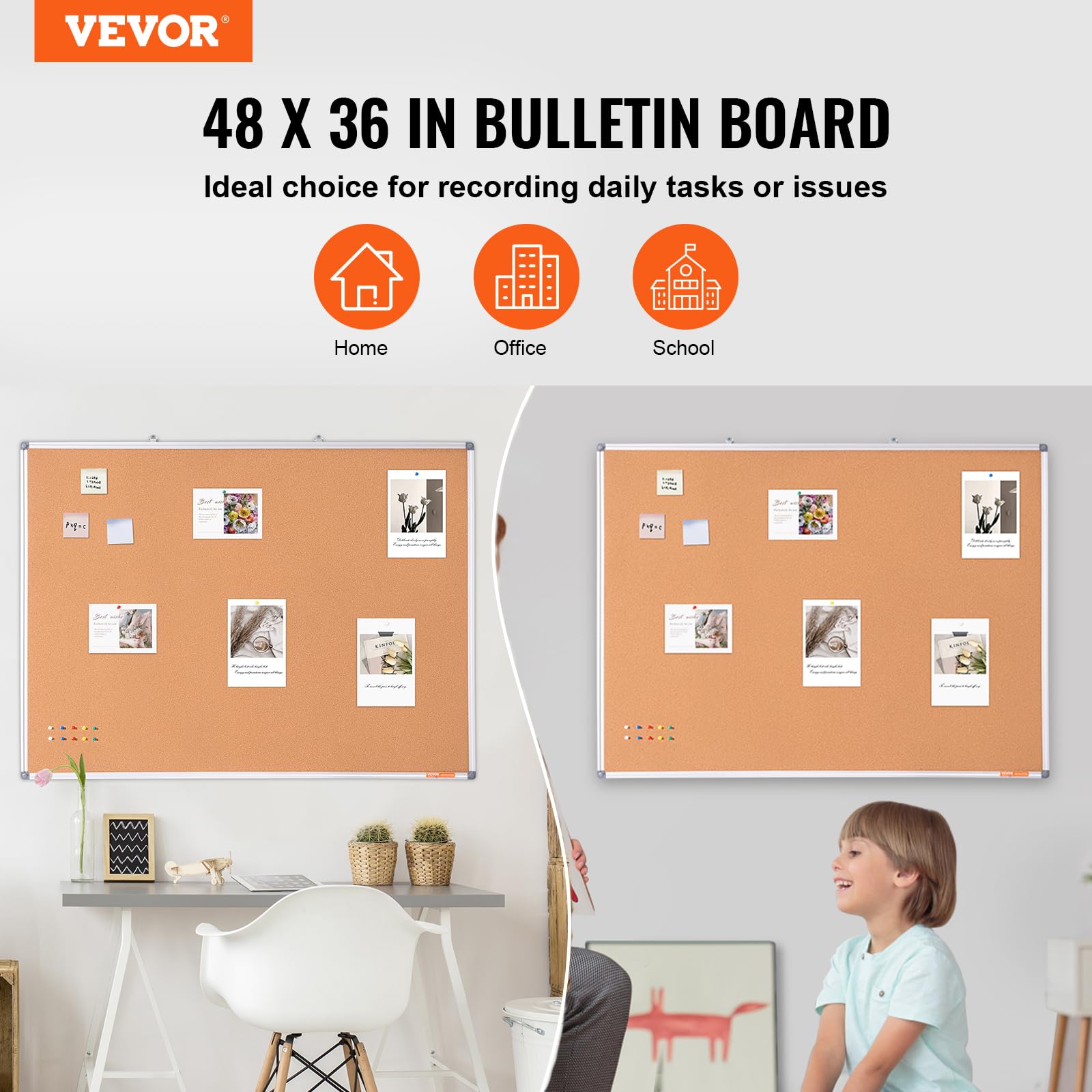VEVOR Tablero de Corcho Grande 120 x 90 cm Tablón de Anuncios Montado en la Pared con Tablón de Anuncios Marco de Aluminio Tablero de Corcho Perfecto para Escuela, Hogar, Oficina