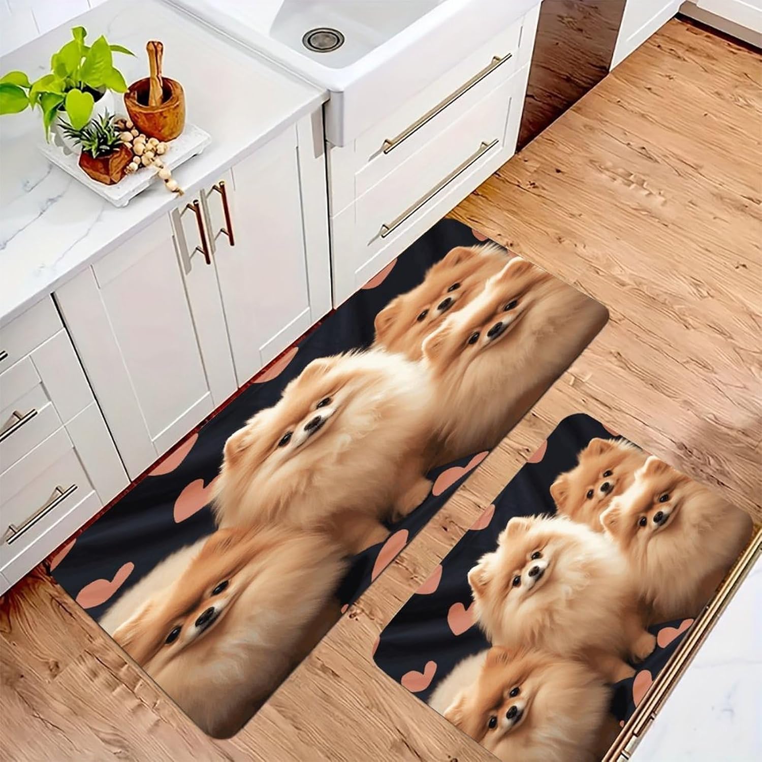 Pomeranians Puppies Kitchen Mat Washable Non Slip Rugs Soft Kitchen Mats for Floor Set of 2 PCS Cushioned Absorbent Runner Standing Rugs for Home Sink Laundry Office