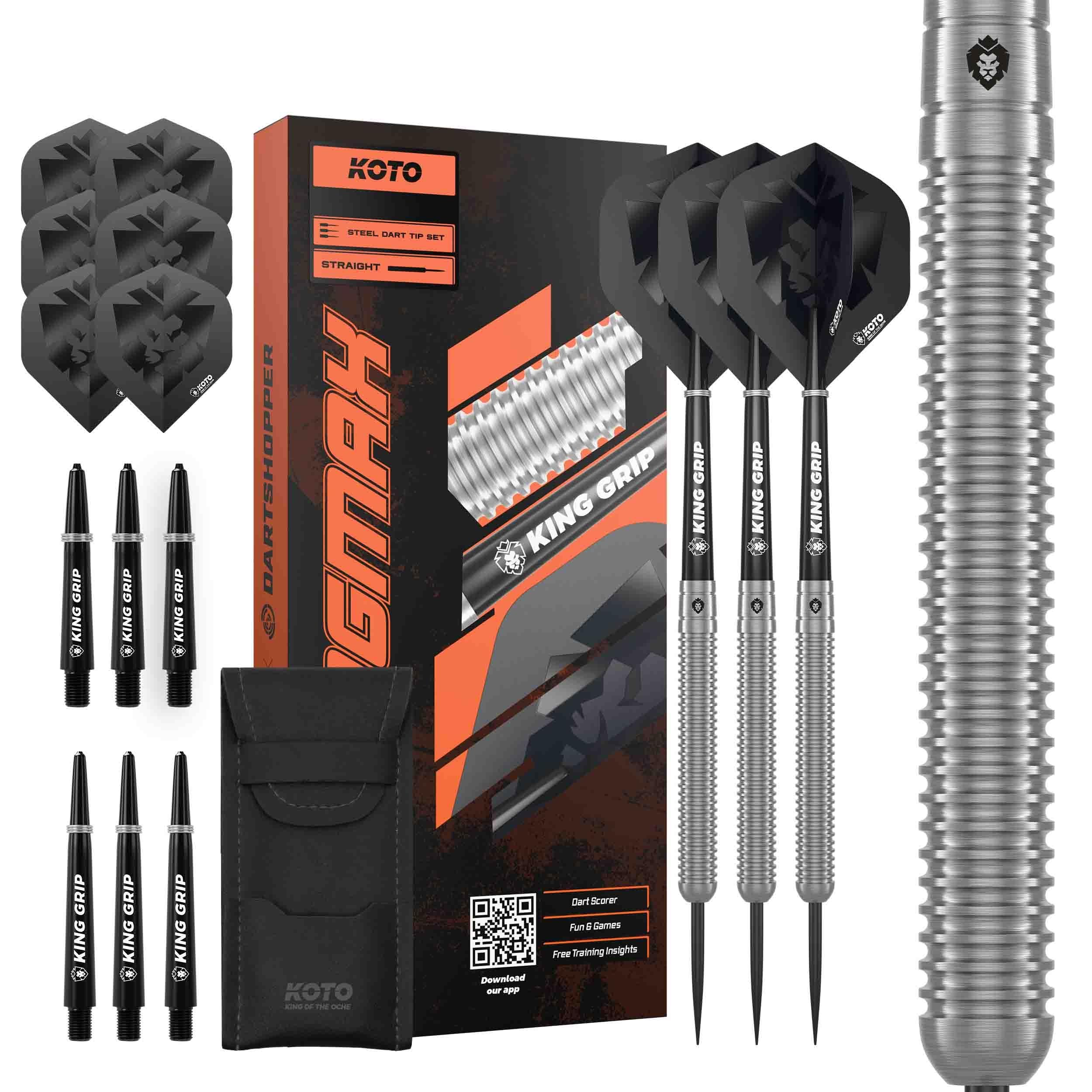 KOTO - Kingmax 90% Darts 25 Gram, Silver, Firm Ringgrip, Professional Darts Set Incl. 3 Barrels, Flights, Shafts & Dartwallet
