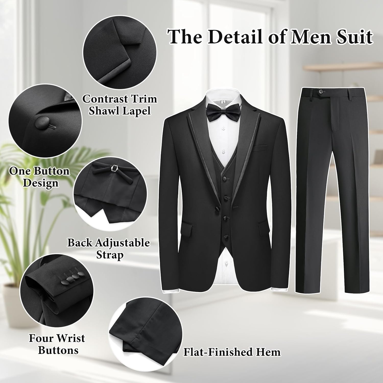 Tuxedo Suits for Men 3 Piece Regular Fit Formal Set Notch Lapel Suit Jacket Pants for Wedding Business