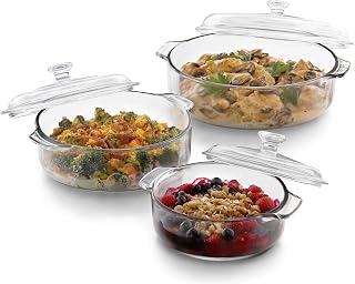 Libbey Baker's Basics 3-Piece Glass Casserole Dish Set with Lids - Oven, Microwave Safe, Stackable 1, 2, 3.2 Qt Bakeware