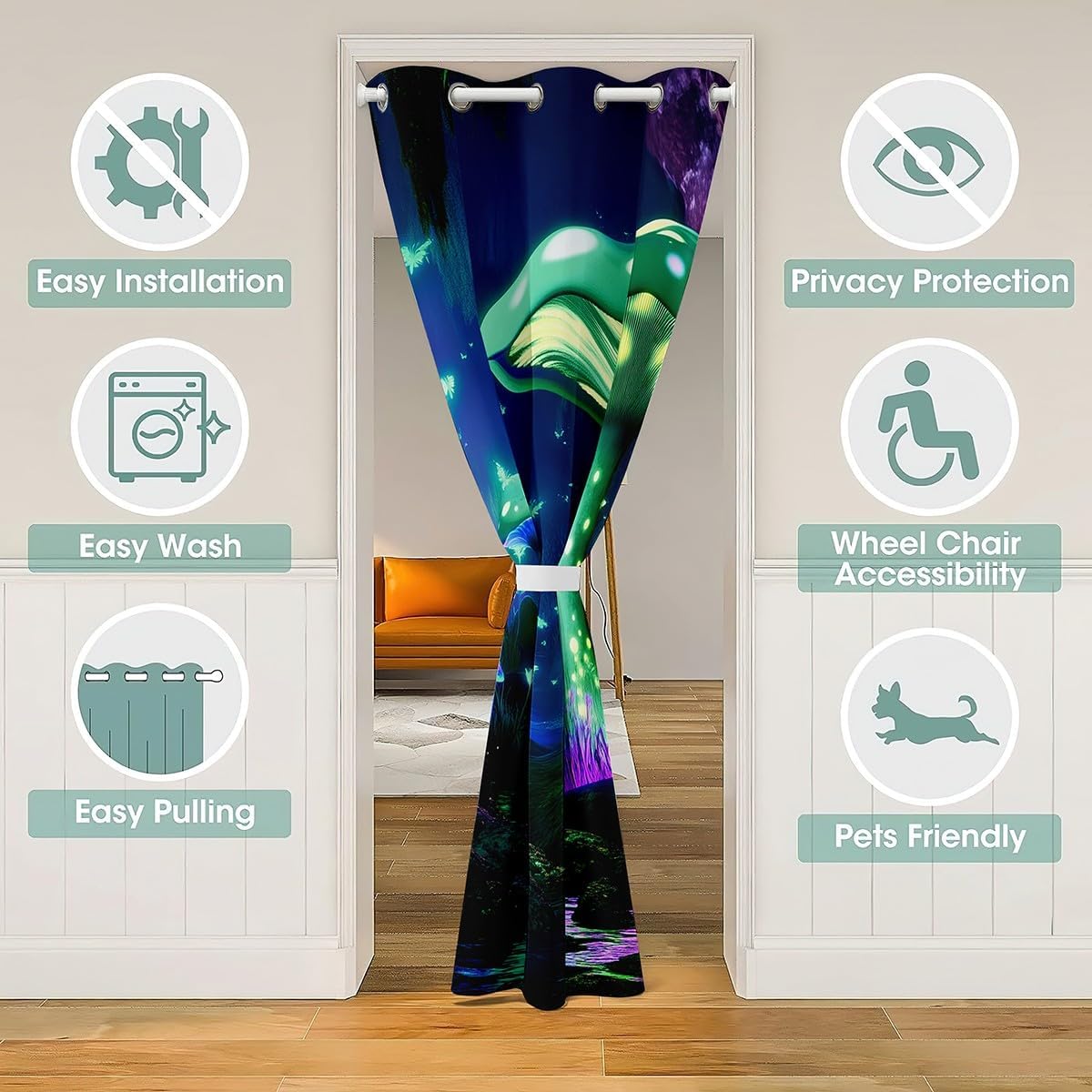 jejeloiu Mushroom Galaxy Starry Sky Blackout Curtain - Green Purple Mushroom Closet Door Cover - Trippy Fantasy Doorway Privacy - 34x80 Inch 1 Panel