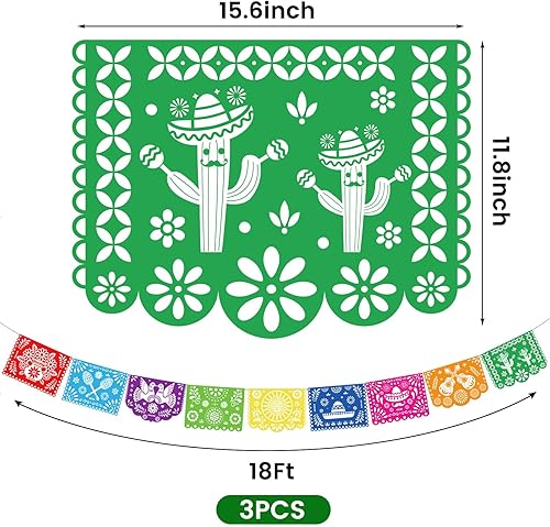 Miniatura 7 de DomeStar Paquete de 3 pancartas de fiesta mexicana, 54 pies de papel picado para fiesta de Cinco de Mayo, Día de los Muertos, suministros