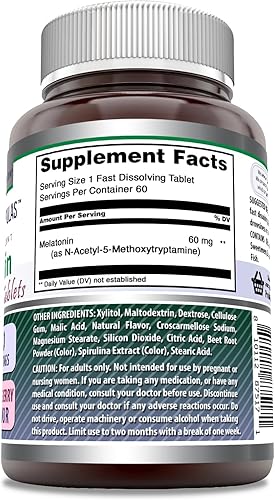 Miniatura 2 de Amazing Formulas - 60 comprimidos de melatonina de 60 mg de disolución rápida, sabor a bayas mixtas, suplemento de alta potencia, sin OMG, sin