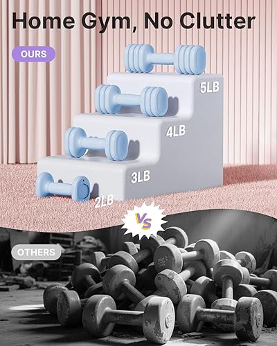 Miniatura 4 de YOTTOY Juego de 2 mancuernas ajustables, pesas de mano 4 en 1 para mujeres en casa, juego de mancuernas compactas con agarre suave y base, 2-5