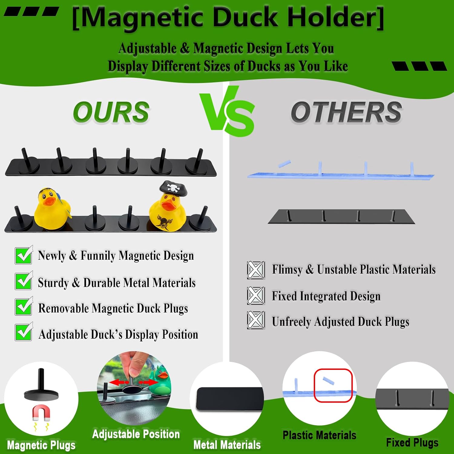 Duck Holder for Jeep Wrangler,Metal Rubber Ducks Holder for Jeep Dash,Magnetic Duck Plugs for Dash Decorations,Adjustable Duck Mount for Jeep Dashboard,2 Pack(Black)