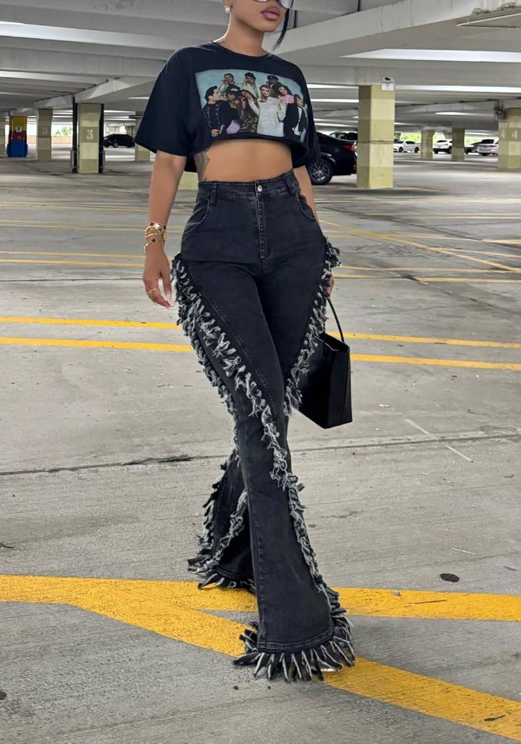 Tbahhir Women Flare Jeans wtih Distressed Fringes High Waisted Patchwork Denim Pants Frayed Bell Bottom Skinny Stretch - Image 4