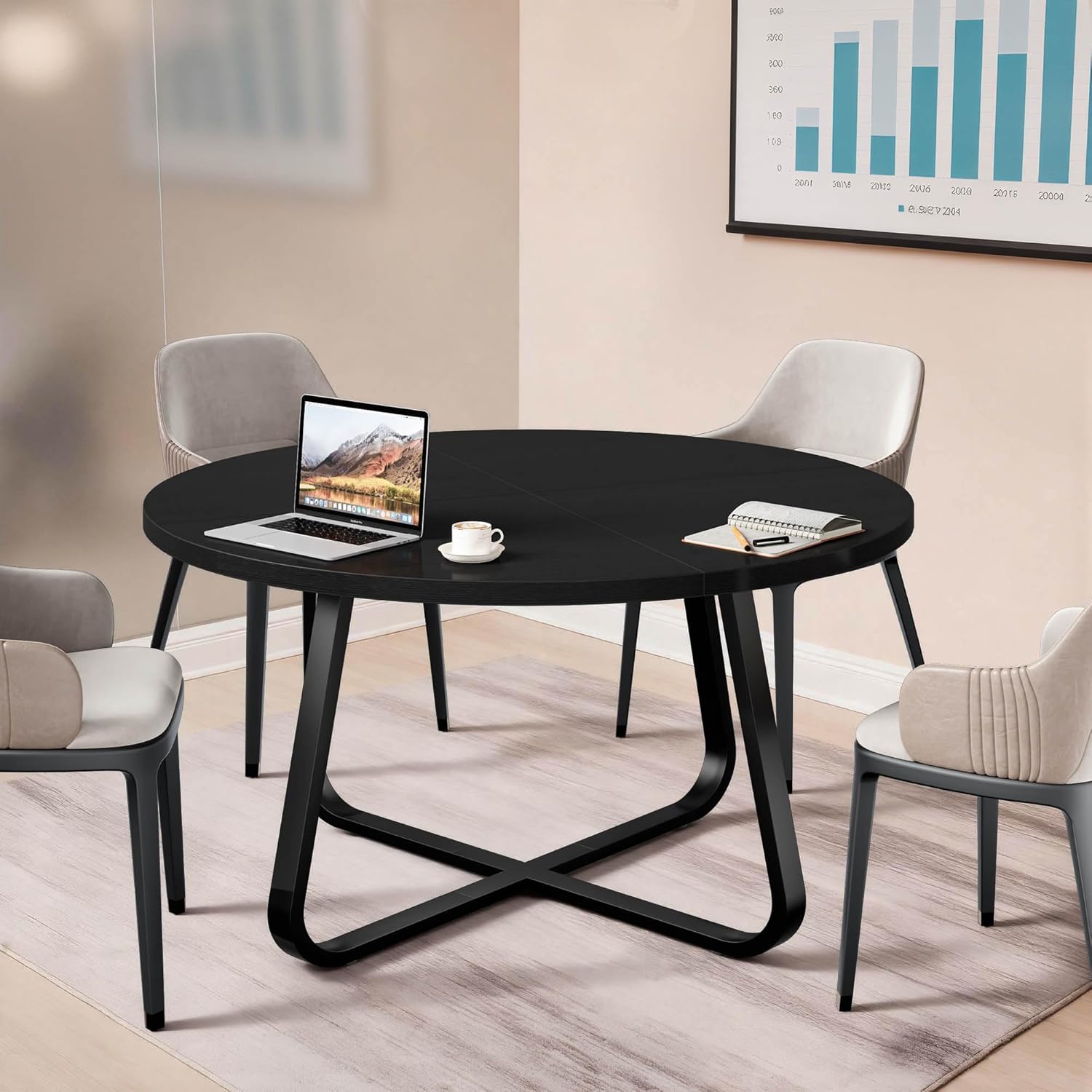 IBF 60inch Round Conference Table for 6-8 People, Business Meeting Table for Office and Conference Rooms, Wood Podcast Table with Metal Base