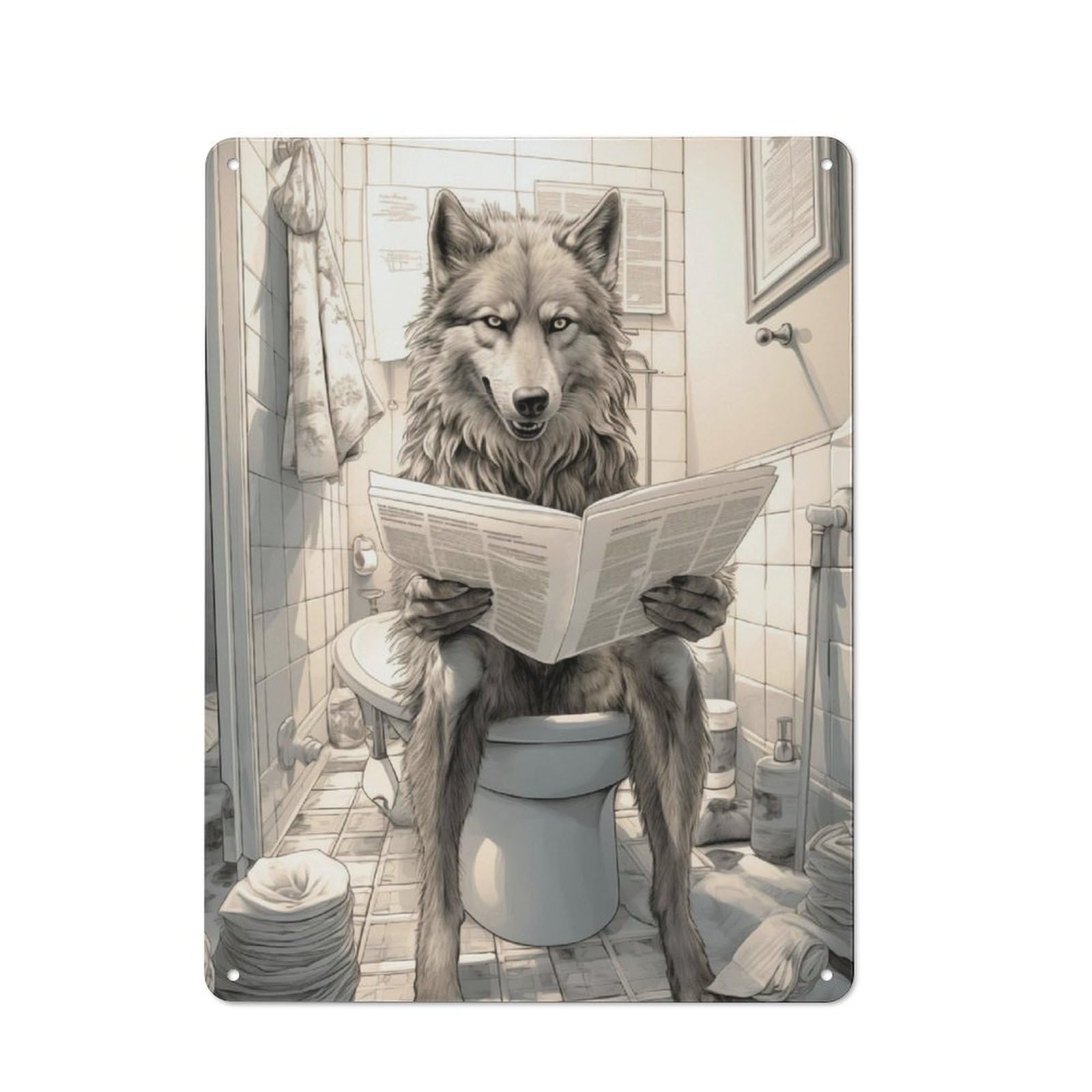 Junmoney Wolf On Toilet Rustic Tin Wall Plaque 40X30cm For Guest Room Or Hallway, For Garage, Workshop And Man Cave Decoration