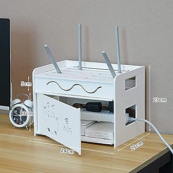 Router Box Wall Mount Cable Boxes TV Set Top Rack Cable Storage Box WiFi Router Storage Box With Heat Dissipation Sockets Safe Wood Plastic,White,25 * 27 * 11cm