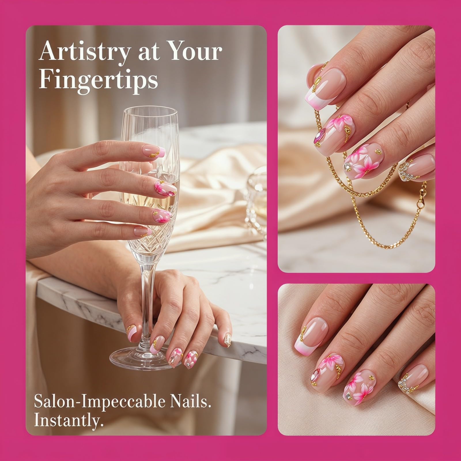 Faux ongles en forme de cercueil faits à la main - Taille moyenne - Pointe française - Acrylique - Fleurs 3D - Design diamant - Luxueux - En relief - Réutilisables - Couverture complète - À coller