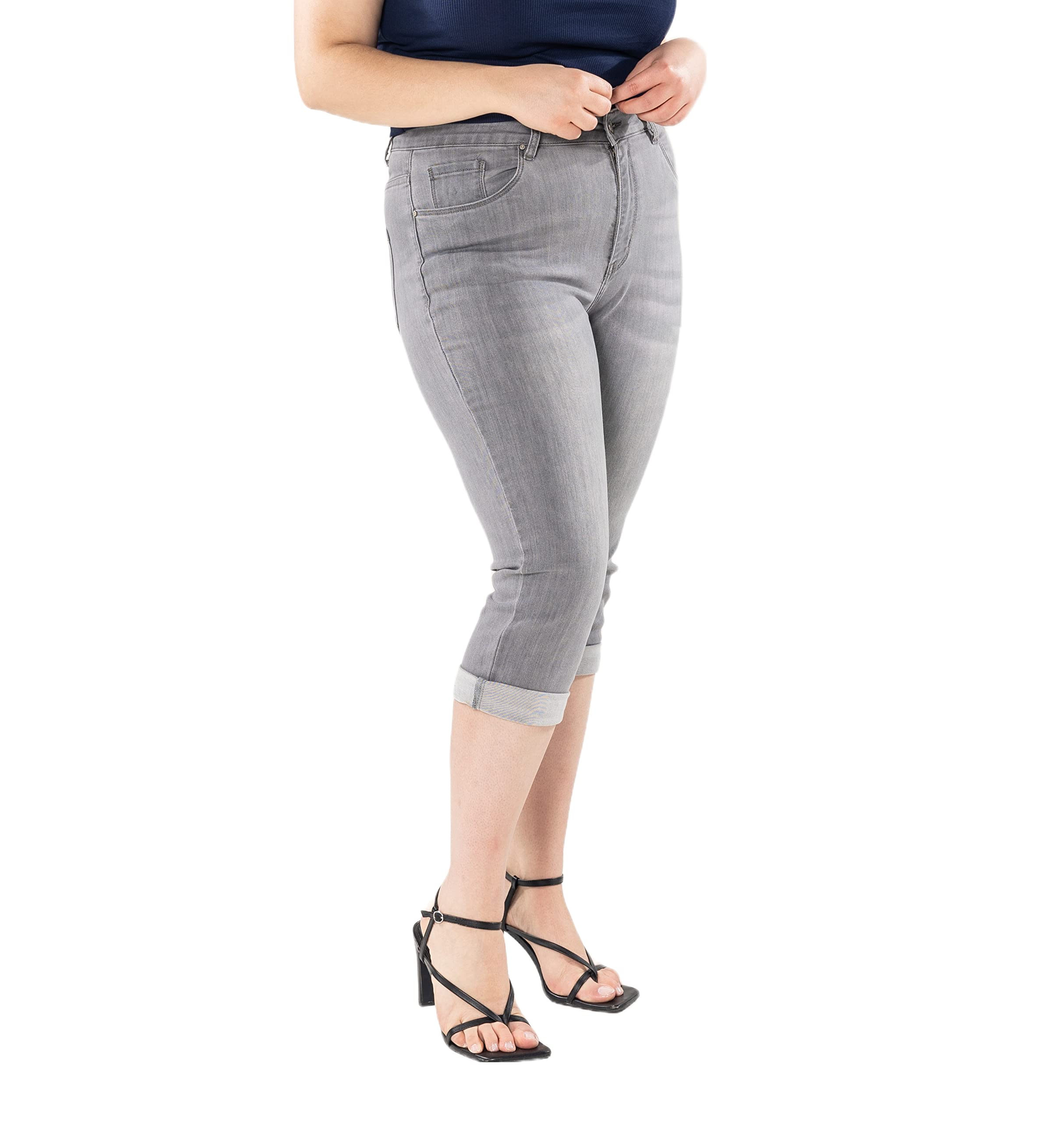 Nina Carter P200 Damen Capri Jeanshosen Große Größen HIGH Waist Jeans Sommer Hose Used-Look
