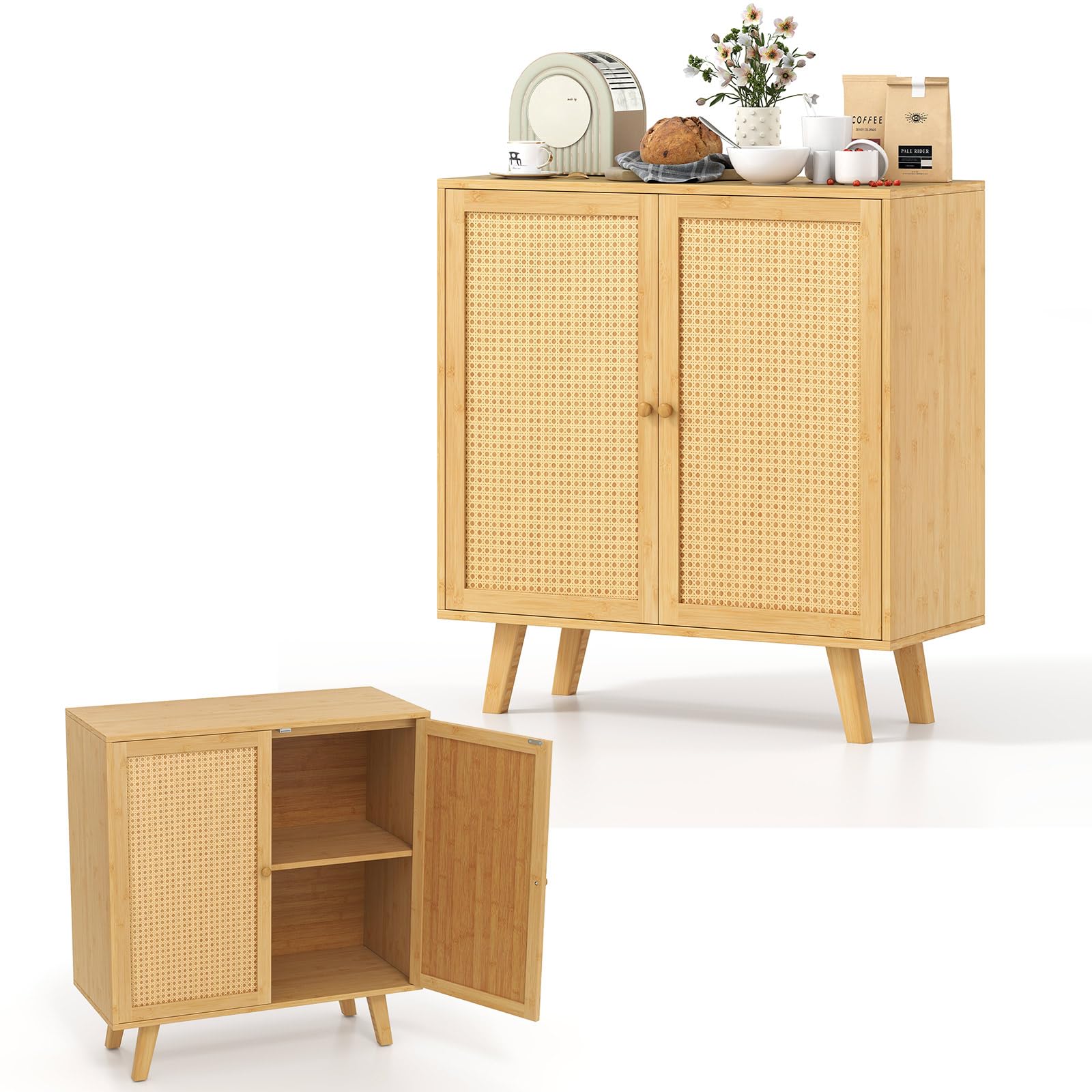 Litake Credenza con 2 ante in rattan, armadietto a buffet, in legno, con ripiano aperto, 101 x 94 x 30 cm, rovere