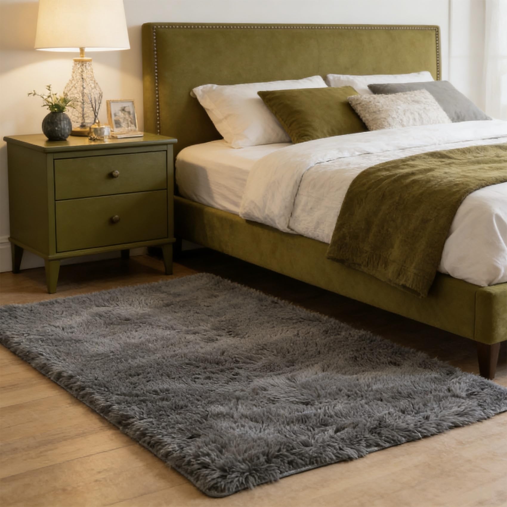 Tapis de salon gris 130x100 cm à poils longs et doux pour chambre
