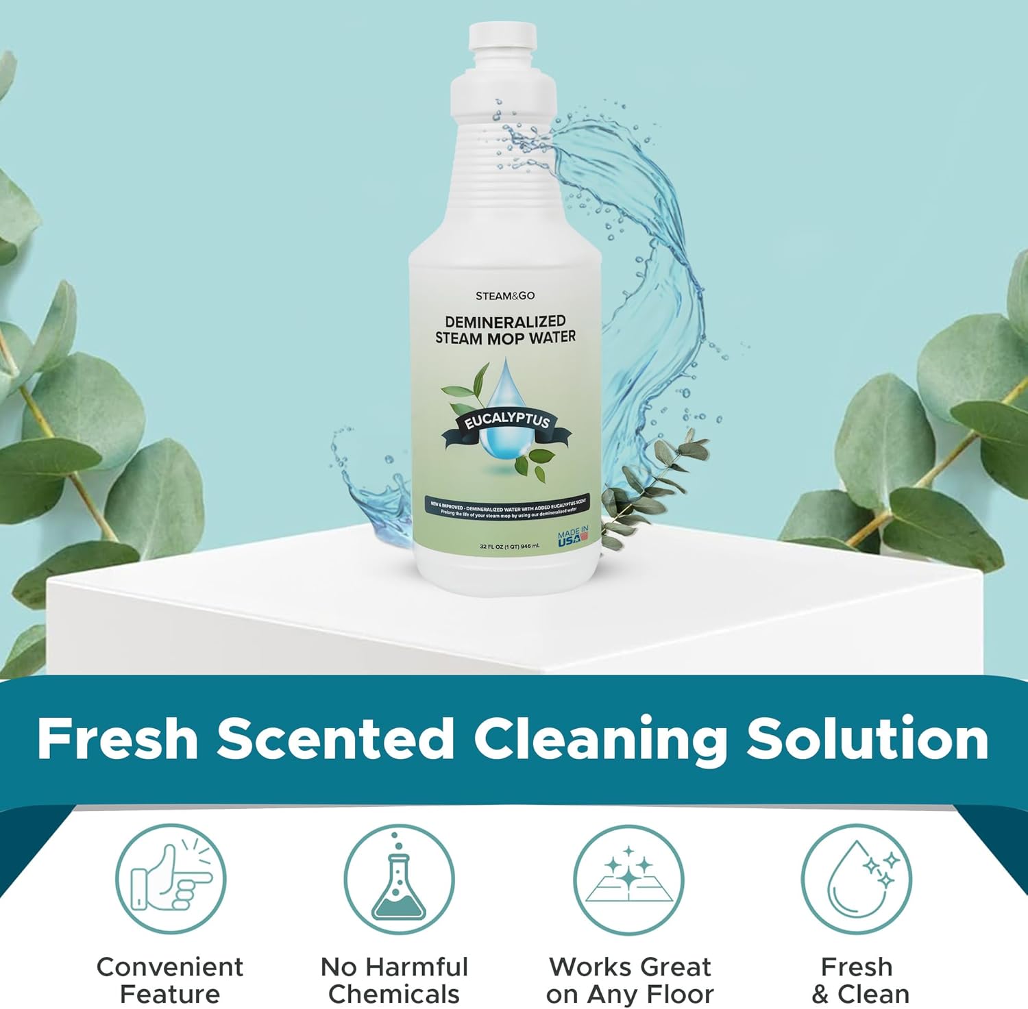 Steam & Go - Demineralized Water for Steam Cleaner, PVC-Free Floor Cleaner Liquid Compatible With Any Steam Mop, Ready-to-Use Multisurface Cleaner, Scented Mop Solution, Eucalyptus Mint, 32 oz - Image 2