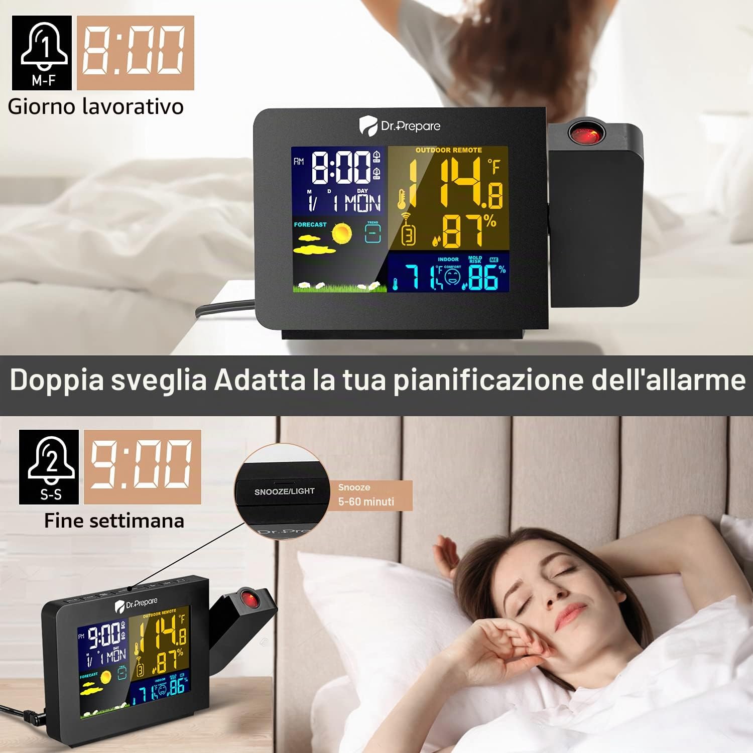 DR.PREPARE Sveglia Proiezione Soffitto con Stazione Meteo Sensore Temperatura Umidità Interna e Esterna Funzione Doppia Sveglia