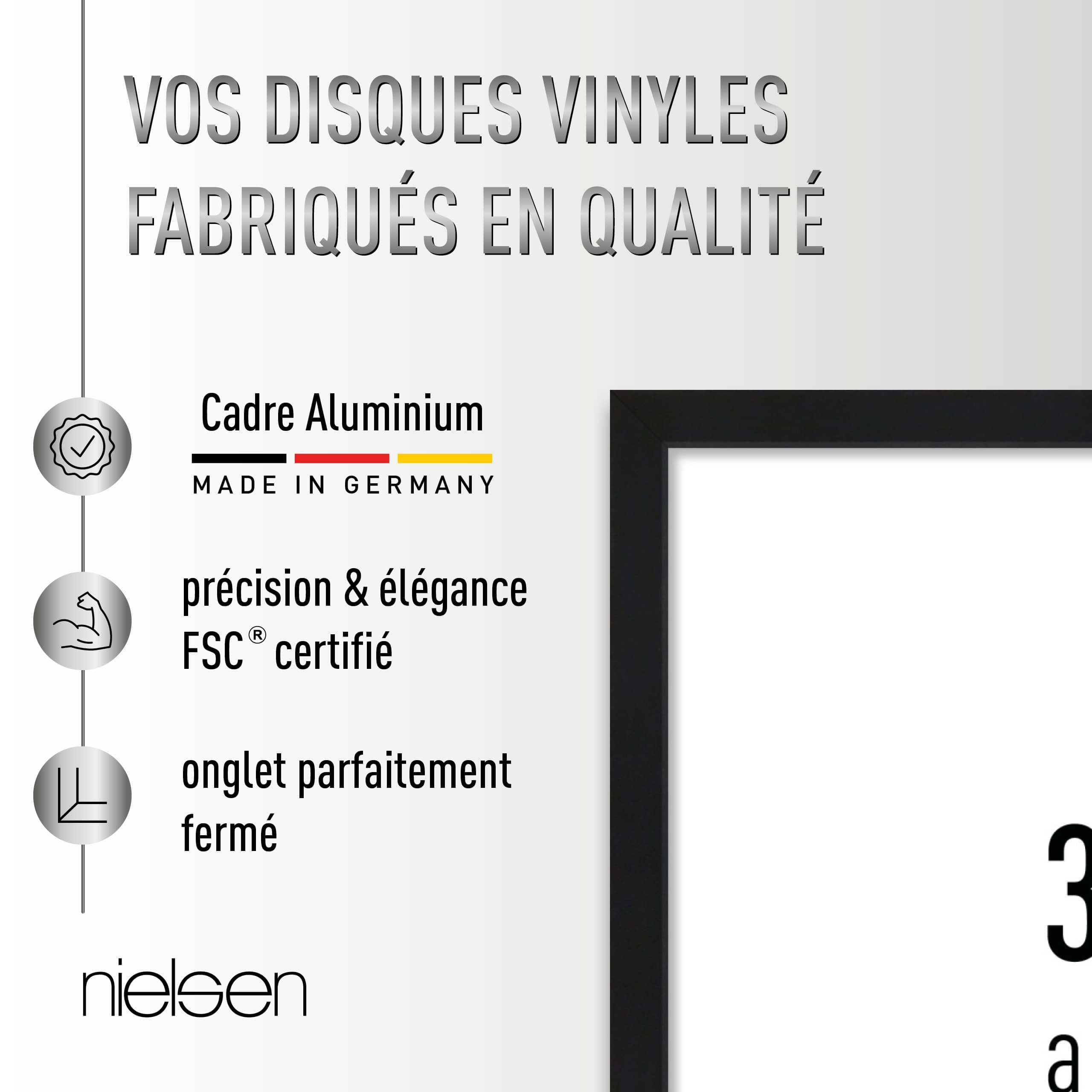nielsen cadre disque, 31,4 x 31,6 cm, aluminium, Noir mat, cadre vinylepour accrocherau format paysage et portrait, verre synthétique, Vinyl Alu