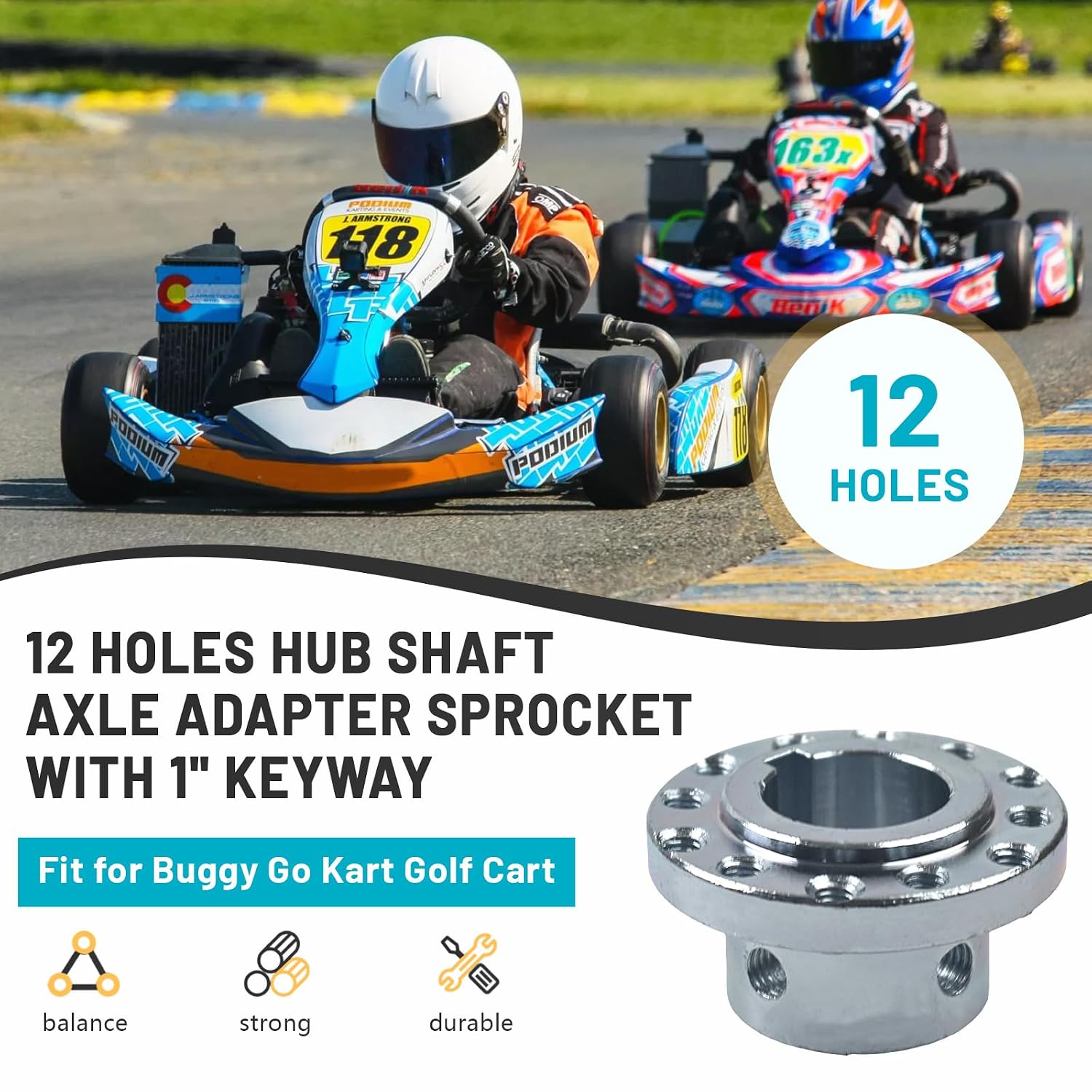 12 Holes Hub Shaft Axle Adapter Sprocket with 1" Keyway fit for Go Kart Golf Cart Buggy