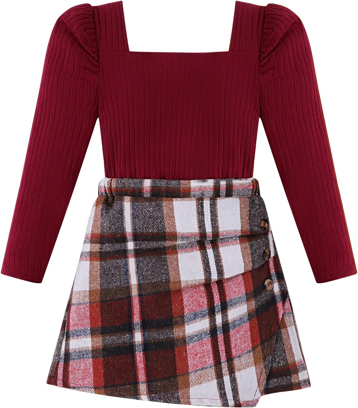 Adarl Girls Plaid Skirt Set A-Line Skort 2PCS Outfit Casual Square Neck Knit Puff Sleeve Shirt Top Fall Winter Clothes 7-14Y