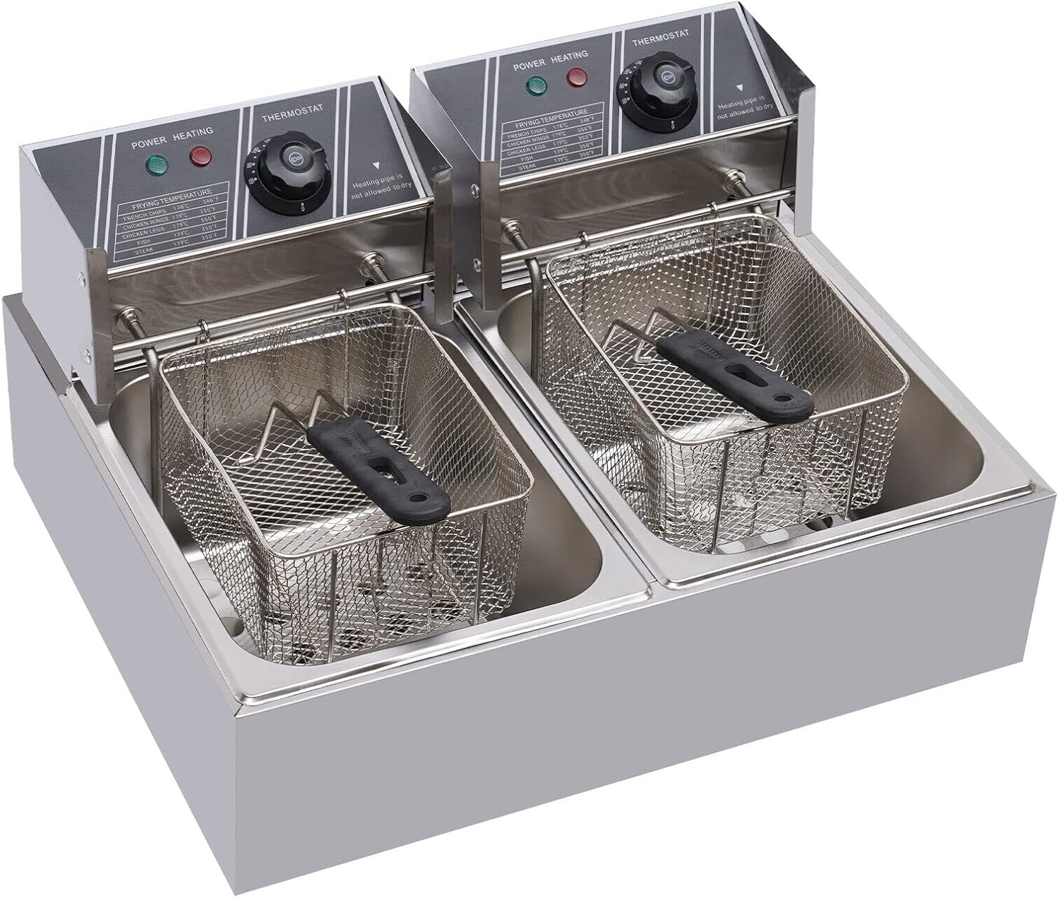 Double Fryer 12L Stainless Steel Electric Fryer Electric Worktop Fryer with 2 Baskets and Lids for Chips Chicken Restaurant Home Kitchen,
